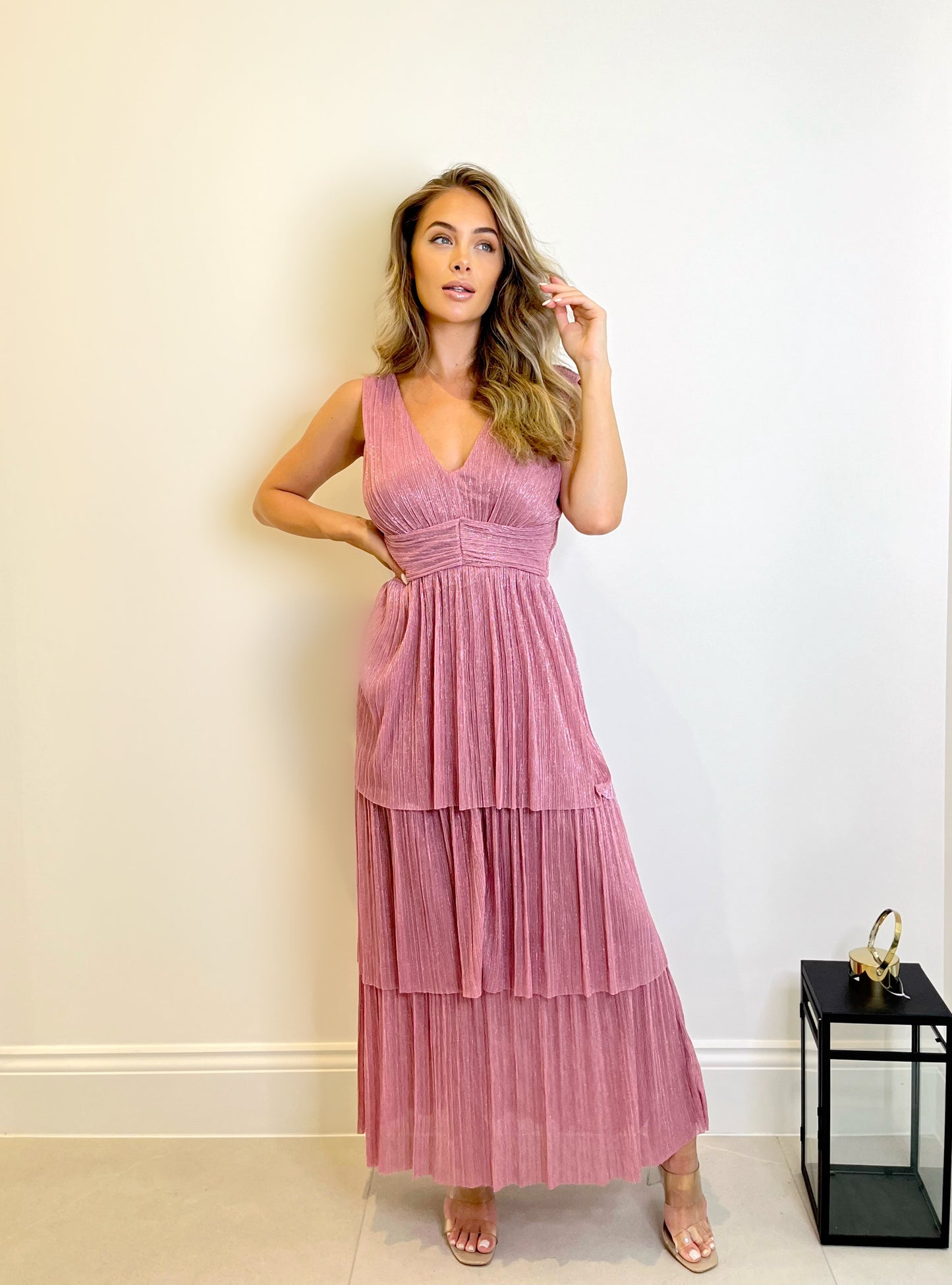 CHANTIA 125.00 FOIL LUREX PLISSE DRESS WITH TIERED SKIRT
